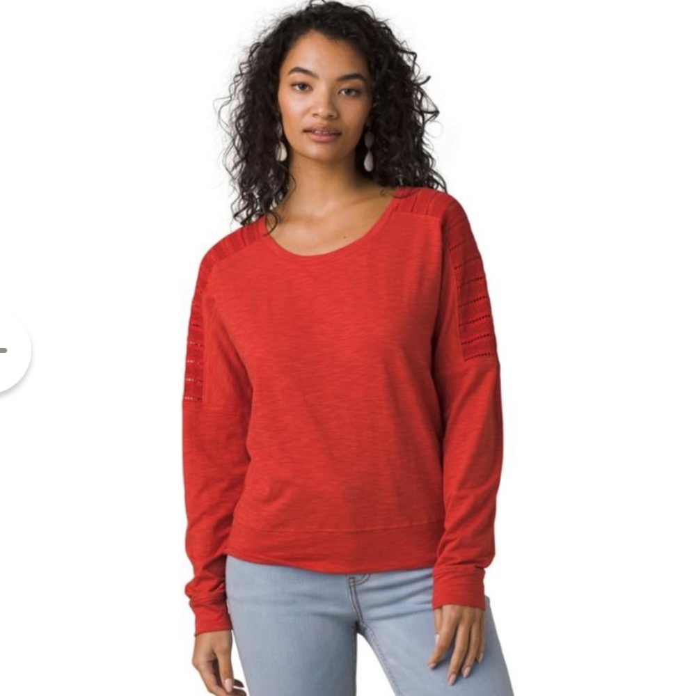 Prana Chesterbrook Long Sleeve Lace Shoulder Organic Cotton Sustainable Top